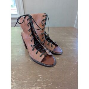 Jeffrey Campbell Free People Lace Up Tan Leather Open Toe Block Heel Sandals 39